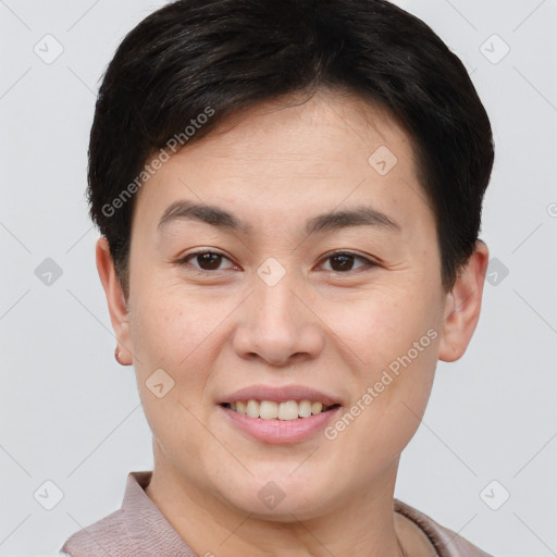 Joyful white young-adult female with short  brown hair and brown eyes