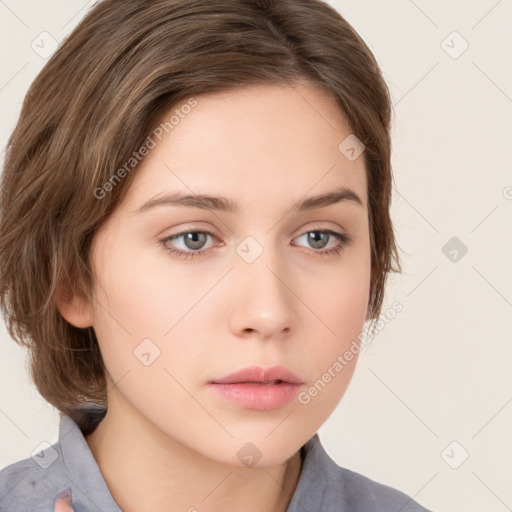 Neutral white young-adult female with medium  brown hair and brown eyes