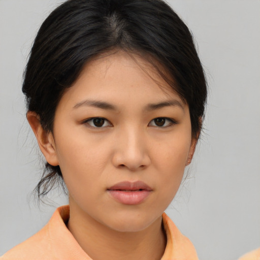 Neutral asian young-adult female with medium  brown hair and brown eyes