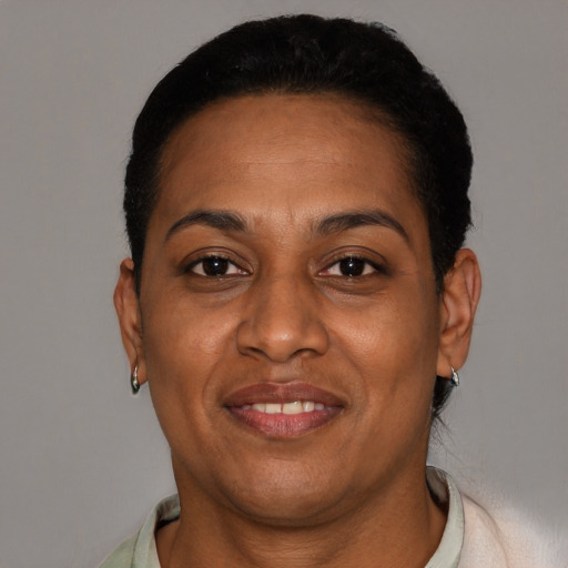 Joyful black adult female with short  brown hair and brown eyes