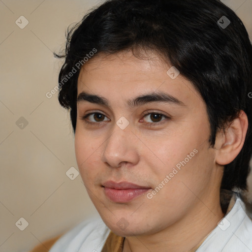 Joyful white young-adult male with medium  brown hair and brown eyes