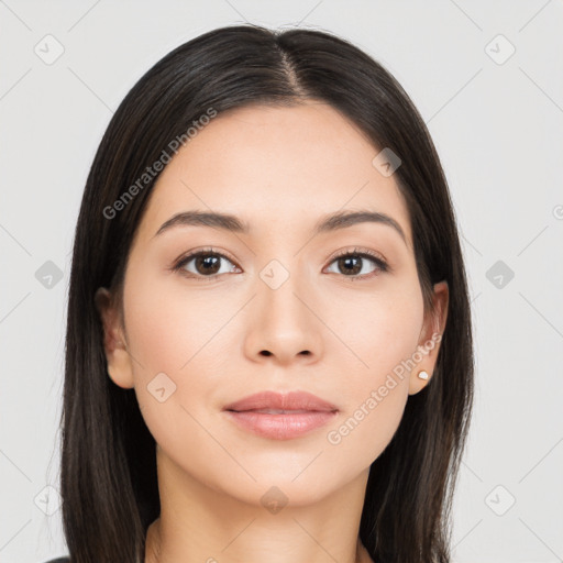 Neutral white young-adult female with long  brown hair and brown eyes