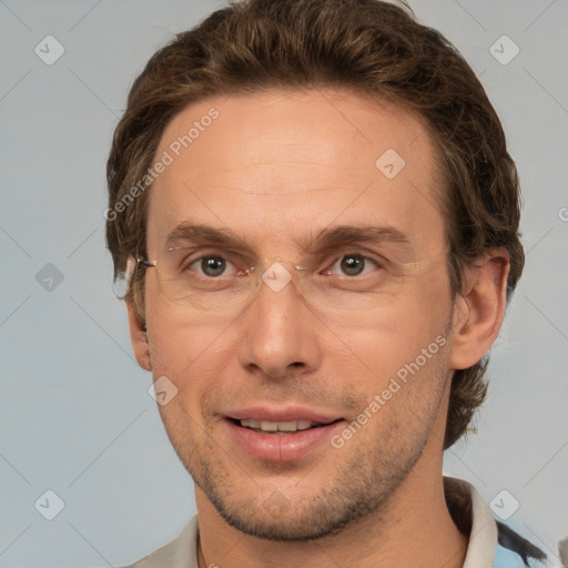 Joyful white adult male with short  brown hair and grey eyes