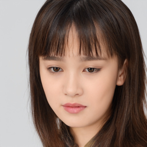Neutral asian child female with long  brown hair and brown eyes