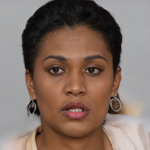 Neutral black young-adult female with short  brown hair and brown eyes