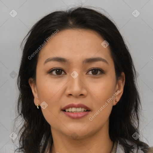 Joyful asian young-adult female with medium  brown hair and brown eyes