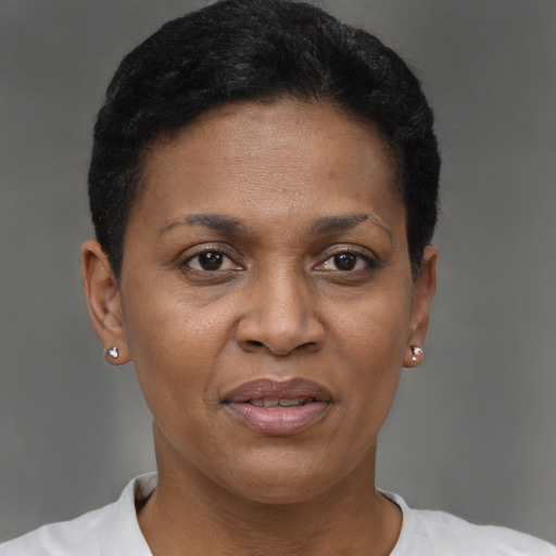 Joyful black adult female with short  brown hair and brown eyes