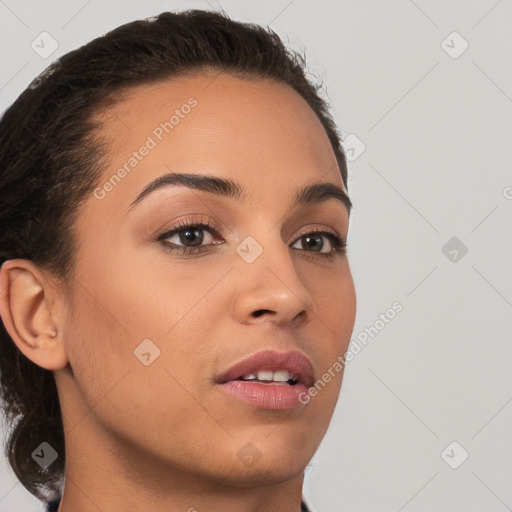 Neutral white young-adult female with short  brown hair and brown eyes