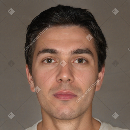 Neutral white young-adult male with short  brown hair and brown eyes