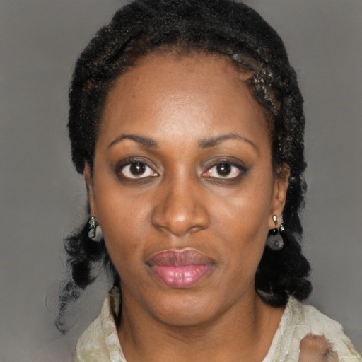 Neutral black adult female with short  black hair and brown eyes