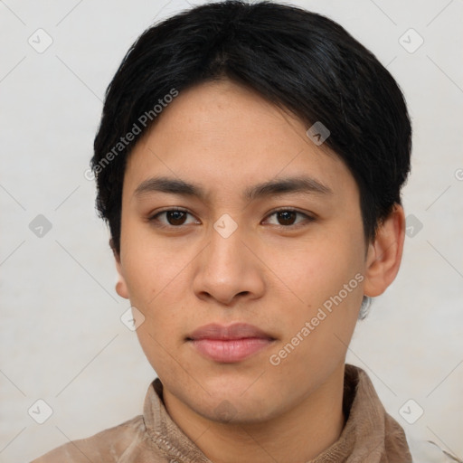 Neutral asian young-adult male with short  brown hair and brown eyes