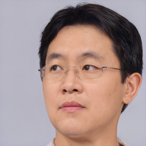Neutral asian adult male with short  brown hair and brown eyes