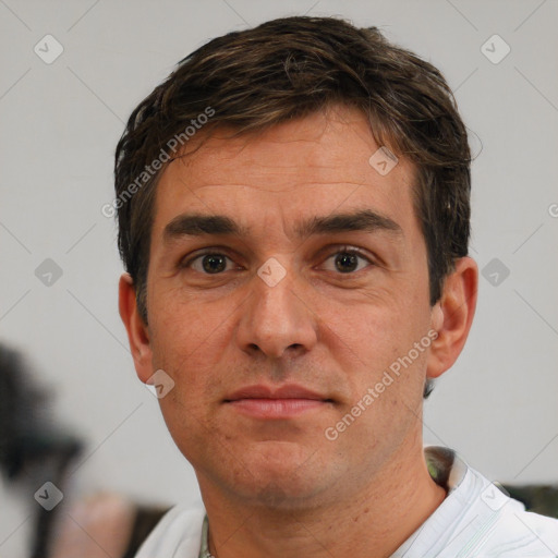 Neutral white adult male with short  brown hair and brown eyes