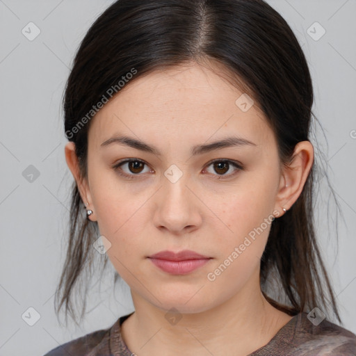 Neutral white young-adult female with medium  brown hair and brown eyes