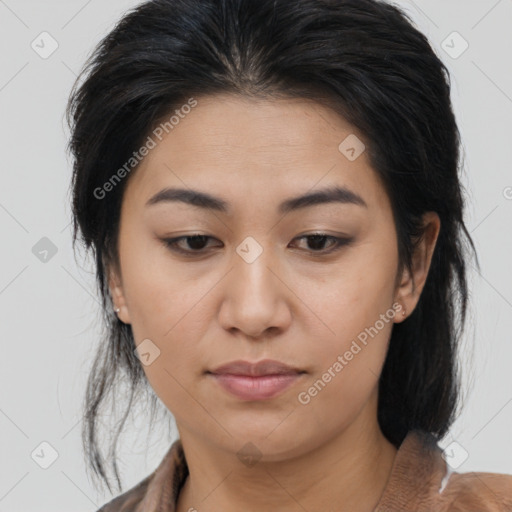 Joyful asian young-adult female with medium  brown hair and brown eyes