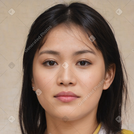 Neutral white young-adult female with long  brown hair and brown eyes