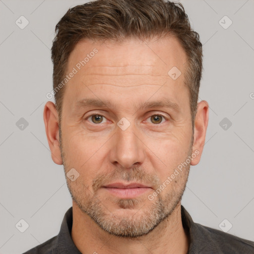 Neutral white adult male with short  brown hair and brown eyes