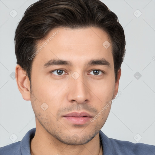 Neutral white young-adult male with short  brown hair and brown eyes