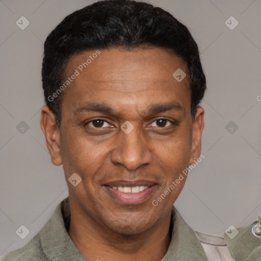 Joyful black adult male with short  black hair and brown eyes