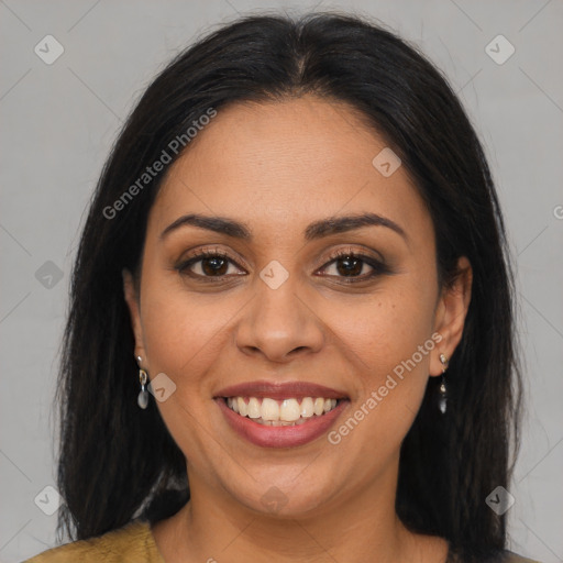 Joyful latino young-adult female with long  brown hair and brown eyes