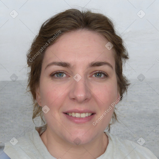 Joyful white young-adult female with medium  brown hair and blue eyes