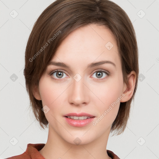 Neutral white young-adult female with medium  brown hair and grey eyes