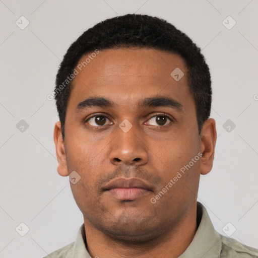 Neutral black young-adult male with short  black hair and brown eyes