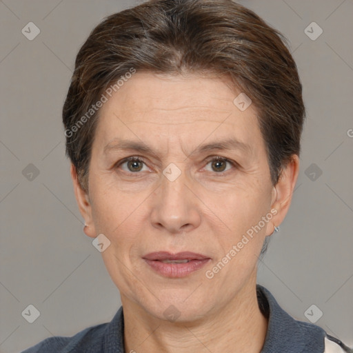 Joyful white adult female with short  brown hair and brown eyes