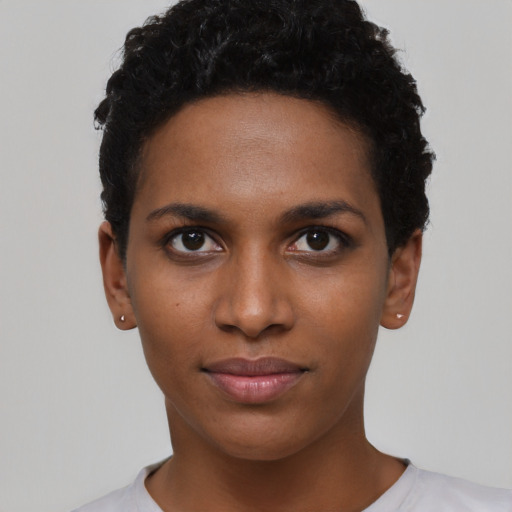 Neutral black young-adult female with short  black hair and brown eyes