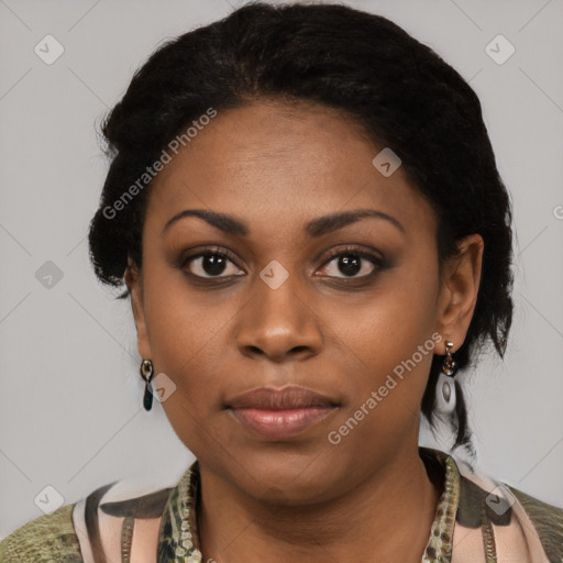 Joyful latino young-adult female with short  black hair and brown eyes