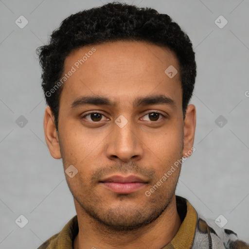 Neutral latino young-adult male with short  black hair and brown eyes