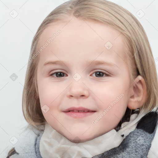 Joyful white child female with medium  brown hair and blue eyes