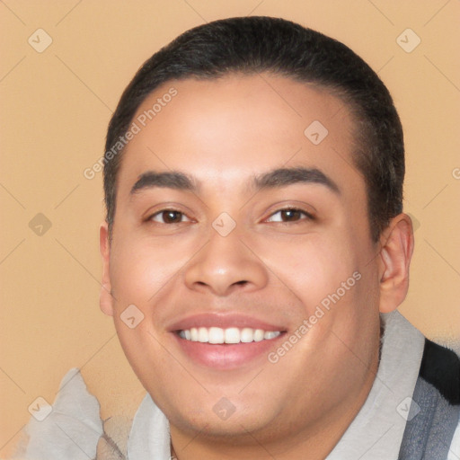 Joyful white young-adult male with short  black hair and brown eyes