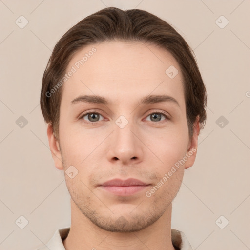 Neutral white young-adult male with short  brown hair and grey eyes