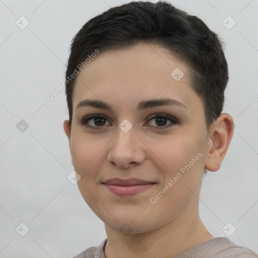 Joyful latino young-adult female with short  brown hair and brown eyes