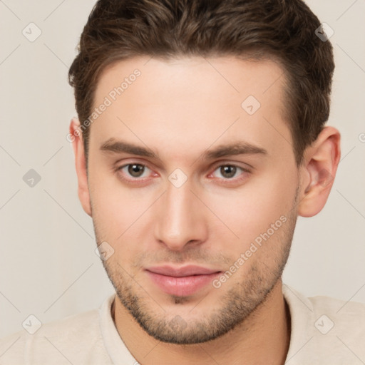 Neutral white young-adult male with short  brown hair and brown eyes