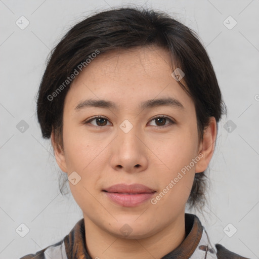 Neutral asian young-adult female with medium  brown hair and brown eyes