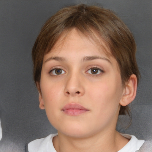 Neutral white young-adult female with short  brown hair and brown eyes