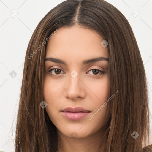 Neutral white young-adult female with long  brown hair and brown eyes