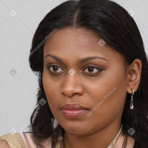Joyful black young-adult female with medium  brown hair and brown eyes