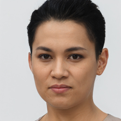 Joyful asian young-adult female with short  black hair and brown eyes
