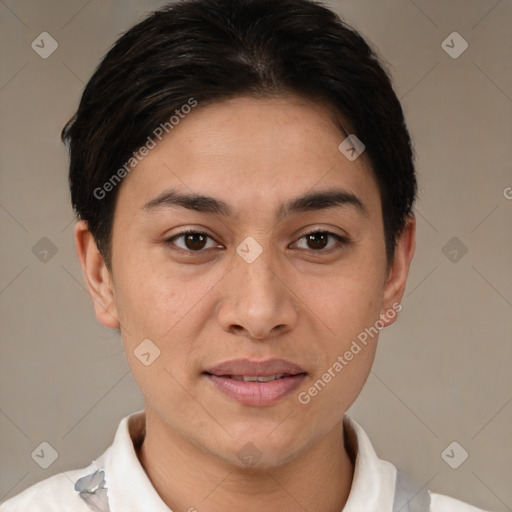 Joyful white young-adult female with short  brown hair and brown eyes