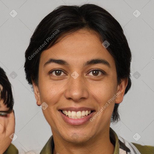 Joyful asian young-adult female with medium  brown hair and brown eyes