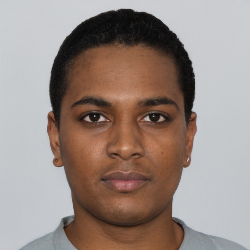 Neutral black young-adult male with short  black hair and brown eyes