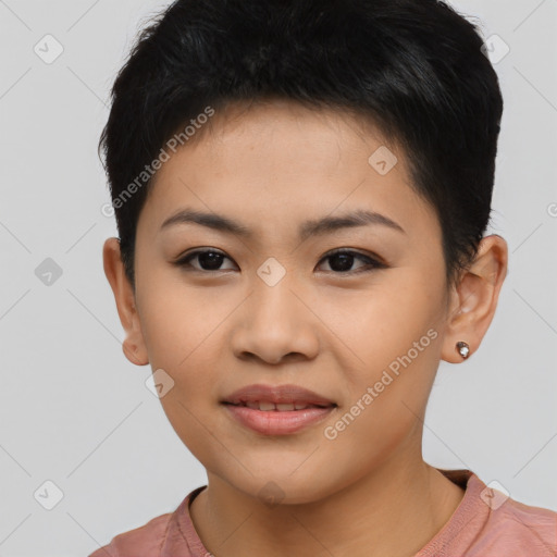 Joyful asian young-adult female with short  brown hair and brown eyes