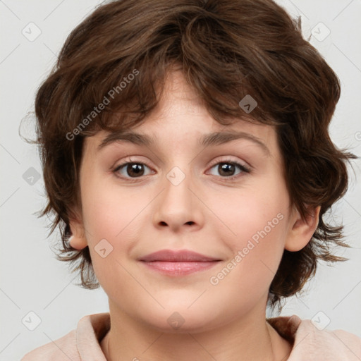 Joyful white child female with medium  brown hair and brown eyes