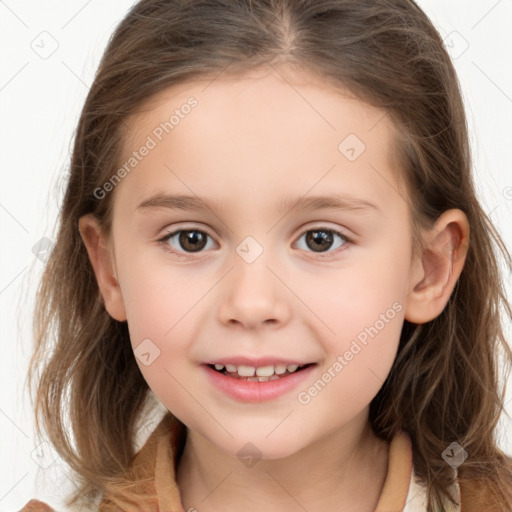 Joyful white child female with medium  brown hair and brown eyes