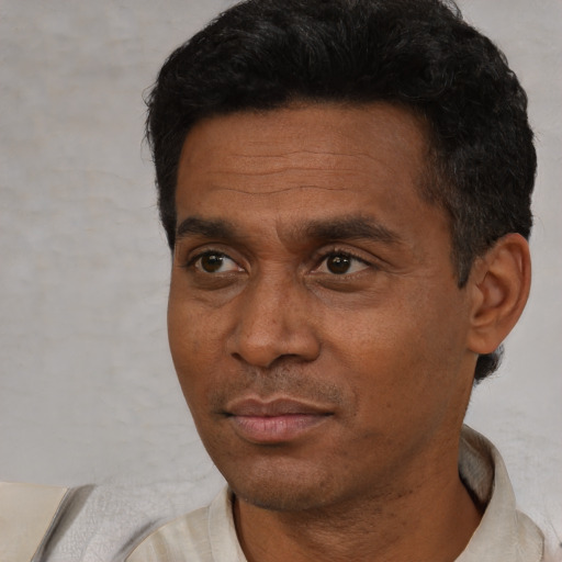 Neutral black adult male with short  black hair and brown eyes