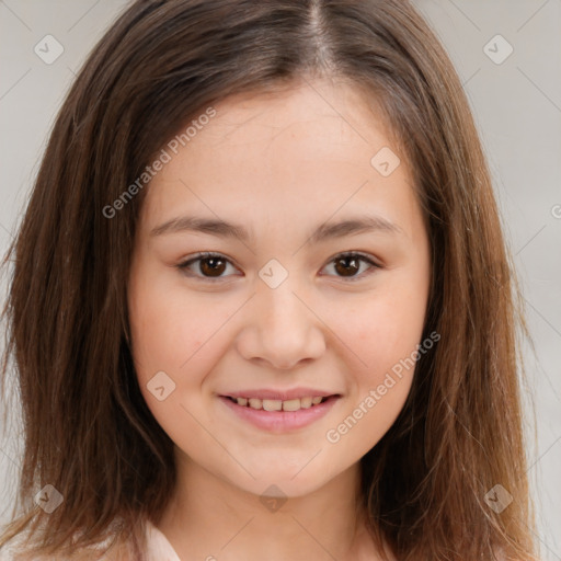 Joyful white child female with medium  brown hair and brown eyes