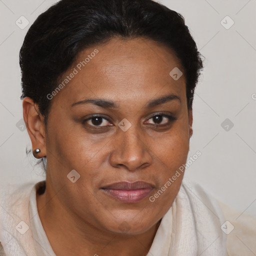 Joyful black adult female with short  brown hair and brown eyes